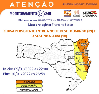 Santa Catarina tem alerta de chuva e risco alto para alagamentos e deslizamentos