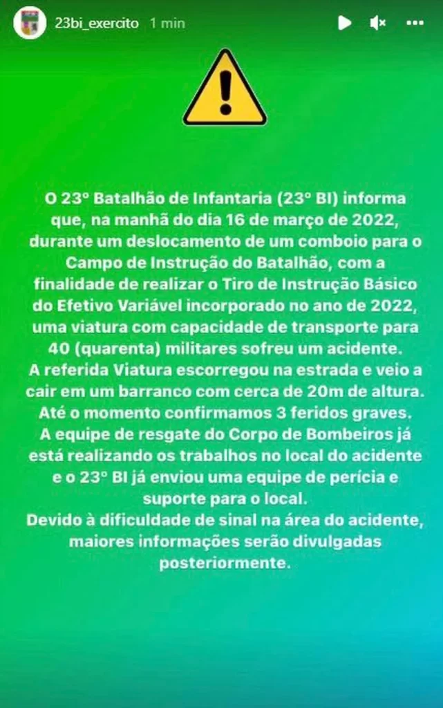 Caminhão do exército cai em ribanceira e deixa dezenas de feridos em Blumenau