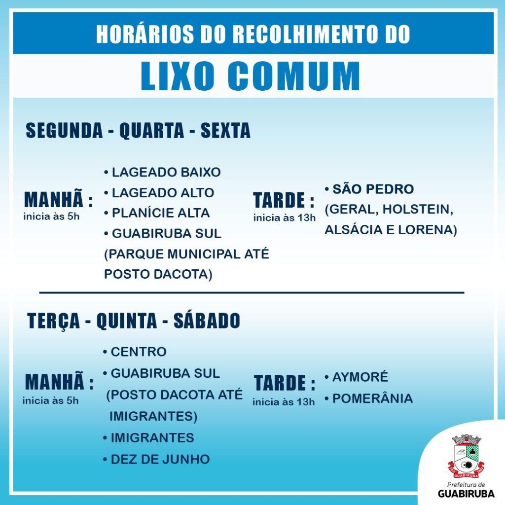 Guabiruba tem alteração no recolhimento de lixo comum a partir de 17 de novembro