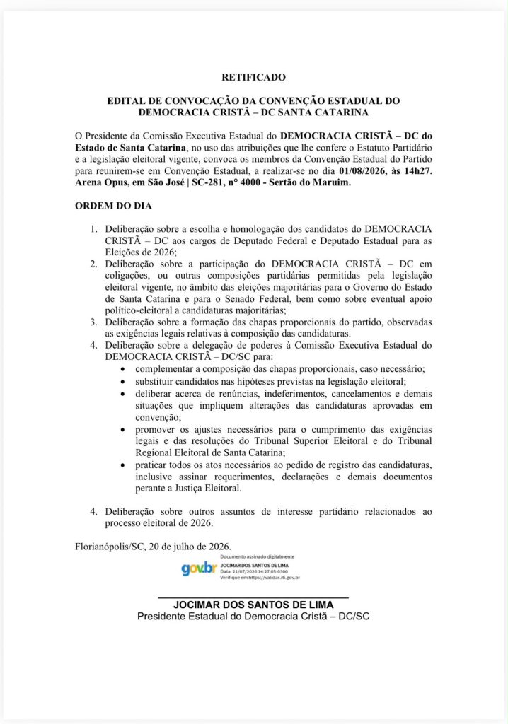 EDITAL DE CONVENÇÃO ESTADUAL - DC - SC