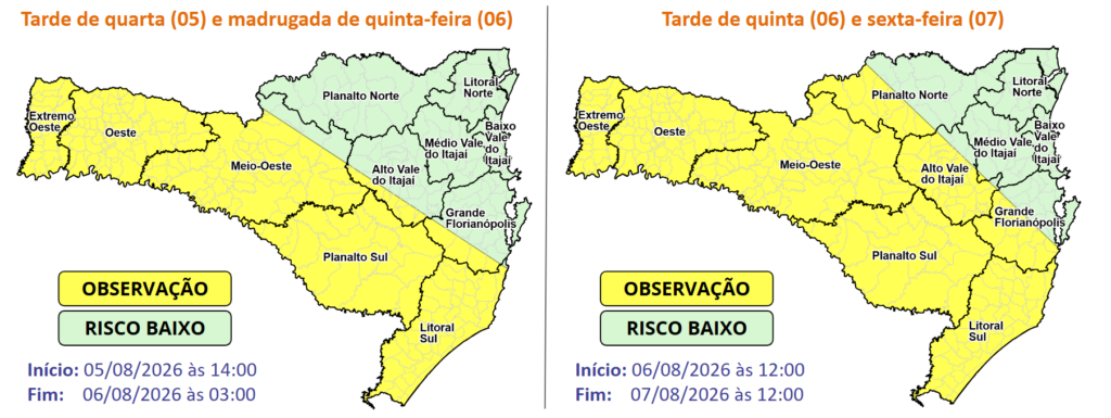 Defesa Civil avisa para temporais isolados entre quarta (05) e a sexta-feira (07) em SC