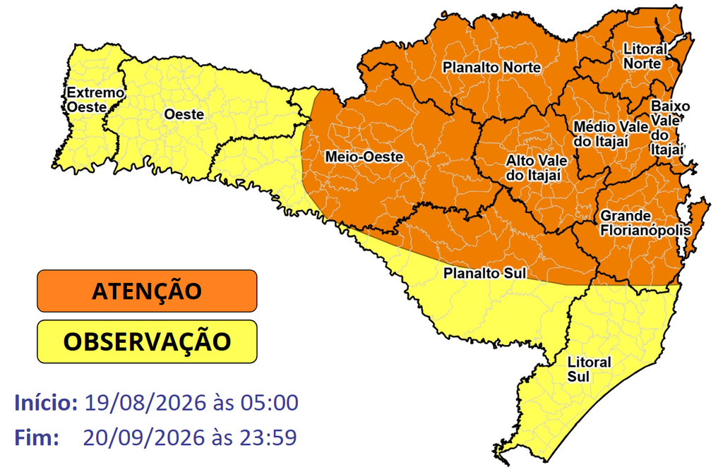 Chuva intensa e temporais retornam para Santa Catarina entre sábado (19) e domingo (20)